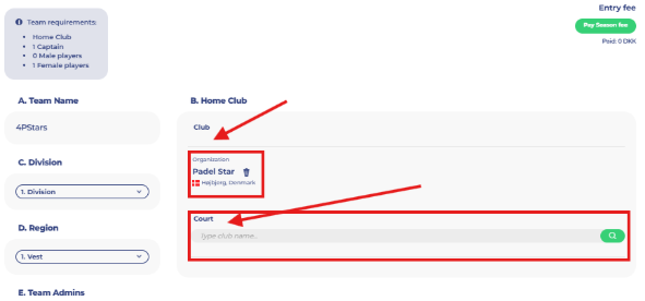 Registrer både hjemmeklub og hjemmebane.